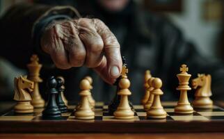 ai generiert ein des Mannes Hand auf ein Schach Tafel foto