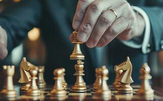 ai generiert ein des Mannes Hand auf ein Schach Tafel foto