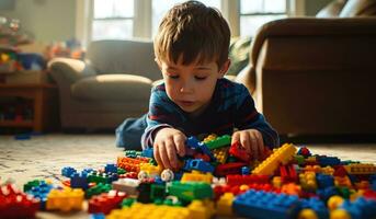 ai generiert ein Junge ist spielen mit Lego Blöcke im seine Wohnzimmer foto