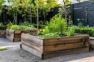 ai generiert ein angehoben Bett Garten mit zwei hölzern Kisten im das Mitte foto