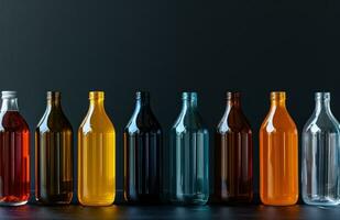 ai generiert ein Reihe von anders farbig Flaschen auf ein schwarz Hintergrund foto