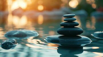 ai generiert Kieselsteine im ein Teich im Abend, Meditation Meditation auf natürlich Hintergrund foto