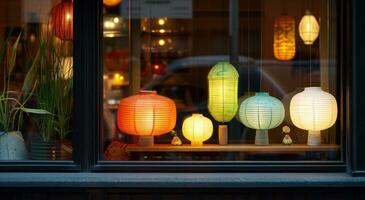 ai generiert ein klein Gruppe von bunt Papier Laternen sitzen im das Fenster foto