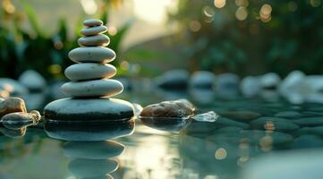ai generiert Kieselsteine im ein Teich im Abend, Meditation Meditation auf natürlich Hintergrund foto