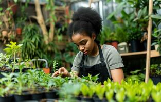 ai generiert ein jung Mädchen im ein schwarz Schürze ist Arbeiten auf Pflanzen im ihr Gewächshaus foto