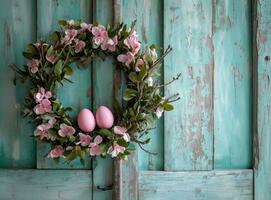 ai generiert ein Ostern Ei im ein Weiß Kranz hängend, auf ein hölzern Tür foto