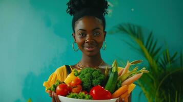 ai generiert schön afrikanisch amerikanisch Frau hält ein Schüssel von frisch Gemüse foto