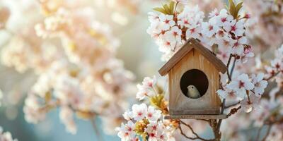 ai generiert Vogel Haus auf Frühling blühen Bäume foto