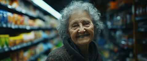 ai generiert ein Alten Frau lächelnd im ein dunkel Gang foto