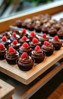 ai generiert Schokolade Cupcakes und Schokolade Nachspeisen auf hölzern Tabletts foto