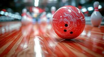 ai generiert Bowling Spiel und Spiel Bälle Schlagen Stifte foto