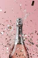 ai generiert Champagner Flasche fallen auf ein Rosa Hintergrund foto