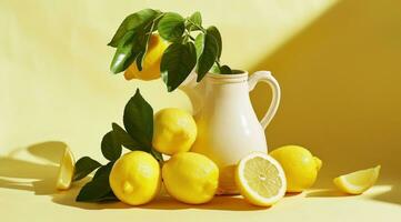 ai generiert Zitronen und Krug gegen ein Gelb Hintergrund foto