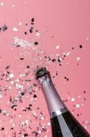 ai generiert Champagner Flasche fallen auf ein Rosa Hintergrund foto