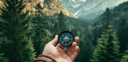ai generiert Person halten Kompass mit Wald und Berge im das Hintergrund foto