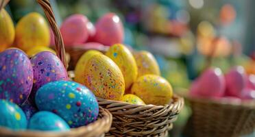 ai generiert Farbe koordiniert Ostern Eier im Körbe beim Markt foto