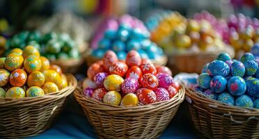 ai generiert Farbe koordiniert Ostern Eier im Körbe beim Markt foto