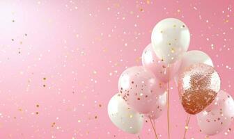 ai generiert Valentinstag Tag Weiß Gold funkeln und Rosa Luftballons Über ein Rosa Hintergrund foto