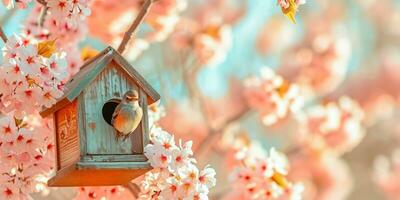 ai generiert Frühling Vogelhaus mit Frühling Kirsche blühen Hintergrund foto