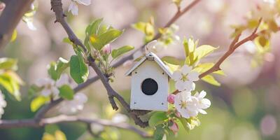 ai generiert Frühling Vogelhaus mit Frühling Kirsche blühen Hintergrund foto