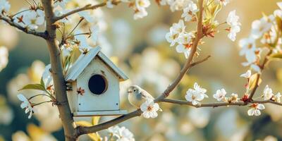 ai generiert Frühling Vogelhaus mit Frühling Kirsche blühen Hintergrund foto
