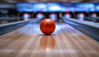 ai generiert das Ball ist rollen Nieder das Gasse von ein Bowling Grün foto