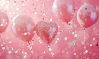 ai generiert Valentinstag Tag Weiß Gold funkeln und Rosa Luftballons Über ein Rosa Hintergrund foto