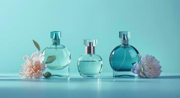 ai generiert drei Parfüm Flaschen mit Blumen auf Blau Hintergrund foto