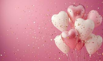 ai generiert Valentinstag Tag Weiß Gold funkeln und Rosa Luftballons Über ein Rosa Hintergrund foto