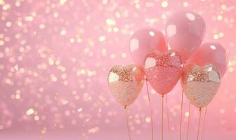 ai generiert Valentinstag Tag Weiß Gold funkeln und Rosa Luftballons Über ein Rosa Hintergrund foto