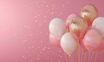 ai generiert Valentinstag Tag Weiß Gold funkeln und Rosa Luftballons Über ein Rosa Hintergrund foto