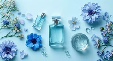 ai generiert verschiedene Parfums auf ein Blau Hintergrund Nächster zu Blau Blumen foto