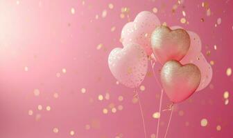 ai generiert Valentinstag Tag Weiß Gold funkeln und Rosa Luftballons Über ein Rosa Hintergrund foto