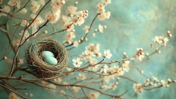 ai generiert still Szenen von Nester, Gefieder, und zart Blüten hervorrufen Ostern Ruhe foto