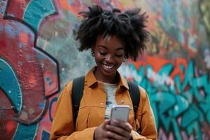 ai generiert Frau lächelnd lächelnd während SMS auf ihr Zelle Telefon auf das Bürgersteig foto