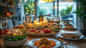 ai generiert warm und einladend Essen Szene, präsentieren ein festlich iftar Versammlung beim Zuhause mit Kopieren Raum foto