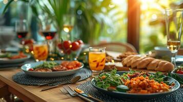 ai generiert warm und einladend Essen Szene, präsentieren ein festlich iftar Versammlung beim Zuhause mit Kopieren Raum foto