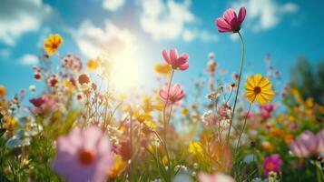 ai generiert Wildblumen, Summen Bienen, und ein beschwingt Sonne bringen Frühling lebhaft Geist foto