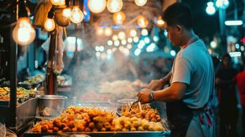 ai generiert Straße Essen Stände mit ein Vielfalt von würzig und aromatisch International kulinarisch Angebote foto