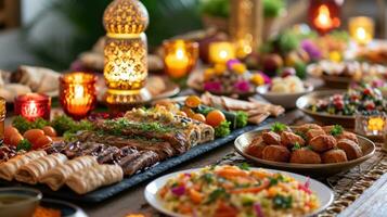 ai generiert warm und einladend Essen Szene, präsentieren ein festlich iftar Versammlung beim Zuhause mit Kopieren Raum foto