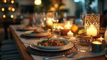 ai generiert warm und einladend Essen Szene, präsentieren ein festlich iftar Versammlung beim Zuhause mit Kopieren Raum foto