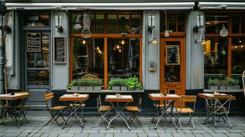 ai generiert straat Cafe Werbung Hintergrund mit Kopieren Raum foto