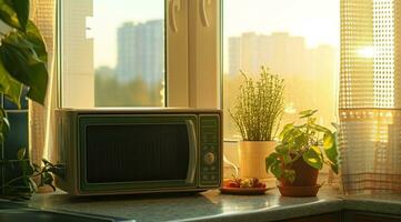 ai generiert ein Mikrowelle auf ein Zähler in der Nähe von ein Fenster foto