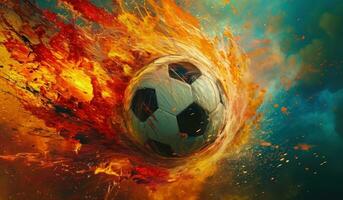 ai generiert ein Fußball Ball Sein geblasen durch Feuer foto
