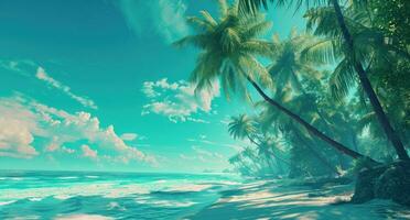 ai generiert ein tropisch Strand Das ist umgeben durch Palme Bäume foto