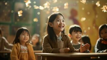 ai generiert asiatisch Lehrer lächelnd im Klassenzimmer wie Kind lächelt und klatscht foto