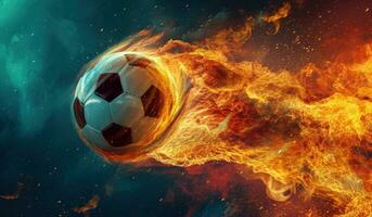 ai generiert ein Fußball Ball Sein geblasen durch Feuer foto
