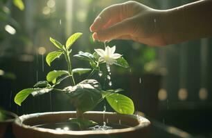 ai generiert Mensch Hand Gießen Wasser in ein eingetopft Pflanze foto