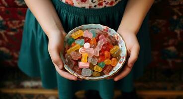 ai generiert Kinder- Hände halten ein groß Schüssel von Süßigkeiten foto