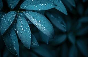 ai generiert Blau Blatt mit Regen Tröpfchen im das Hintergrund foto